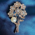 Rose gold camellia flower brooch with shimmering rhinestones and a central white pearl - Five-Petal Flower Brooch