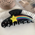 Elegant black hair claw clip with yellow stars, rainbow patterns and sparkling rhinestones - Rainbow Star / Black