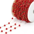 Gold-plated stainless steel chain with round red natural stones on a spool for DIY jewelry - 0.8mm Gold Chain 4.5mm Red Round Beads