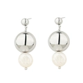 Macro shot of silver titanium steel drop earrings with polished metal balls and pearls - Silver Metal Ball Pearl Earrings (E1155-ST)