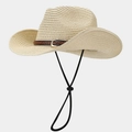 Beige straw cowboy hat with brown leather buckle strap and adjustable chin cord - One Size / Beige