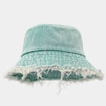 Detailed view of frayed raw edge fringe on light blue washed denim bucket hat - M (56-58cm) / Light Green
