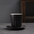 Japanese style black ceramic coffee cup set with elegant vertical texture and saucer - 265-a Rhyme Coffee Cup + Saucer (black) 220ml / Universal