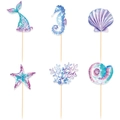 Glittery mermaid theme cake toppers with seahorse, shell, and starfish designs - 6 Pcs Cake Toppers