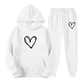 White tracksuit set with black heart print featuring a hooded sweatshirt and jogger pants - S / White