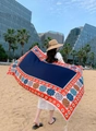 Ethnic print beach shawl with orange floral pattern and tassels in deep blue colorway - Dark Blue & Orange Red Floral Tassel Style / Light Gray / 180cm