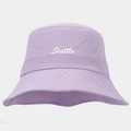 Detail of lavender quick-dry bucket hat featuring white Seattle 3D embroidery on front - Light Purple