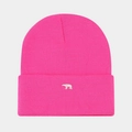 Close-up of pink ribbed knit beanie featuring detailed white polar bear embroidery - One Size / Rose Red