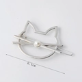 Silver metallic cat-shaped hair clip with faux pearl detail and 6.1cm length measure - Silver Pearl Cat