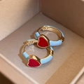 Vintage style gold hoop earrings with sky blue enamel coating and a small red heart charm - Enamel Heart Ear Buckle