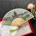 Wooden folding fan with Yellow Crane Tower landscape painting and green tassel - Yellow Crane Tower - Light Green