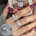 Silver multi-layer twisted rope open ring with a large square zircon stone - Open Adjustable / Rhinestone Rope Twist (JZ6721)