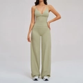 Ensemble de sport vert sauge avec haut à col en V et pantalon large taille haute - S / Haut Et Bas / Vert Mousse
