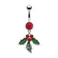 Piercing nombril avec strass rouge et pendentif feuilles de houx de Noël vert - Houx Strass Rouge (Style 7)