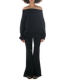 Detail view of black off-shoulder long sleeve sweatshirt and flared sweatpants set for women - Black Pants