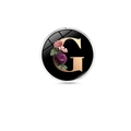 Floral time gem brooch with a golden letter G and pink roses on black background - Letter G