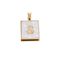 Detailed view of square stainless steel letter S pendant with white shell inlay - Gold S