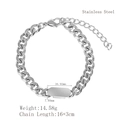 Silver stainless steel chain bracelet with customizable rectangular metal tag plate - Silver (LB1191)
