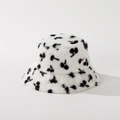 Detail showing plush faux fur texture and black cherry print on white bucket hat - M (56-58cm) / White