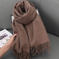 Brown wool-like scarf with colorful polka dots and tassels shown on a sofa - 68-180CM / Camel