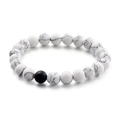 Minimalist white turquoise beaded bracelet with single matte black agate bead accent - White Marble Pattern Beads With Single Black Bead (KB109644-Z)