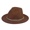 Macro view of silver metal chain trim on thick dark brown wool felt flat top fedora hat - Coffee Hat Silver Chain