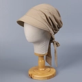 Detail view of khaki cotton sun hat with wide brim and adjustable bow tie back design - M(56-58cm) / Khaki