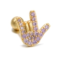 Golden hand gesture earring with purple zircons and screw ball back closure for women - Hand Gesture / Purple