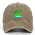 Close-up of embroidered palm trees and sun on a vintage khaki washed cotton baseball cap - Khaki