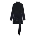 Elegant black velvet mini dress with stand collar, long sleeves, and draped waist detail - XS / Black