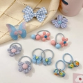 Cute cartoon kids hair ties set with colorful floral and bow designs in pastel colors - Light Blue 11Pcs Set