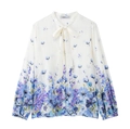 Elegant white chiffon blouse with blue floral print and bow tie neck for women - XS / White Floral Print
