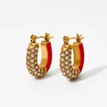 U-shaped gold hoop earrings with sparkling zircons and red enamel finish - Red Style (KDE1847)