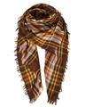 Detail of soft plaid scarf with fringe in brown orange and yellow woven fabric - 140x140cm / Coffee