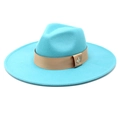Detailed close-up of wide brim wool fedora with gold band and metal bee ornament - M (56-58cm) / Lake Blue