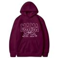 Maroon Mama Est 2025 Coquette hoodie featuring white varsity font and a bow heart design - Burgundy