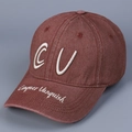Macro detail of white CV 3D embroidery on retro red washed cotton baseball cap texture - M (56-58cm) / Burgundy