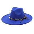 Royal blue wool fedora hat with wide brim, gold metal chain and black ribbon bow accent - M (56-58cm) / Blue