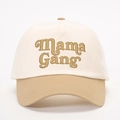 Close-up of Mama Gang embroidery on a two-tone cotton baseball cap with khaki brim - Off-White/Dark Khaki