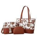 Three-piece tote bag set featuring brown cow print and tassel detail on crossbody bag - Leopard Brown