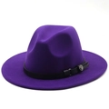 Detailed macro of a purple fedora with black leather band and silver rose buckle accent - M (56-58cm) / Purple