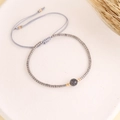 Detail of bohemian hand-woven beaded bracelet with natural grey stone and wax rope cord - 11# Silver