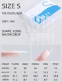 Size chart for almond-shaped ultra-thin seamless nail tips with detailed measurements - Long Stiletto (Size S)