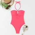 Maillot de bain une pièce rose sexy avec licou, lacets croisés et coupe ajustée - Rose
