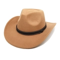 Detail of wool western cowboy hat showing decorative band with contrast stitching and metal buckle - Camel