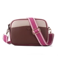 Beige and brown crossbody camera bag with a colorful woven geometric strap - Coffee/Berry