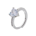Detail of heart-cut clear zircon ring with micro-paved crystals and silver adjustable band - Platinum Plated White Zirconia
