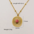 Gold stainless steel sunburst pendant necklace with a round pink stone and beaded chain - Rhodonite