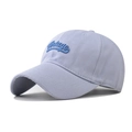 Close-up of vintage 3D embroidery on light blue cotton baseball cap with curved brim - Adjustable / Light Blue