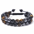 Détail du bracelet double couche en œil de tigre et onyx avec cordon tressé réglable - Oeil de Tigre + Pierre Magnétique + Obsidienne